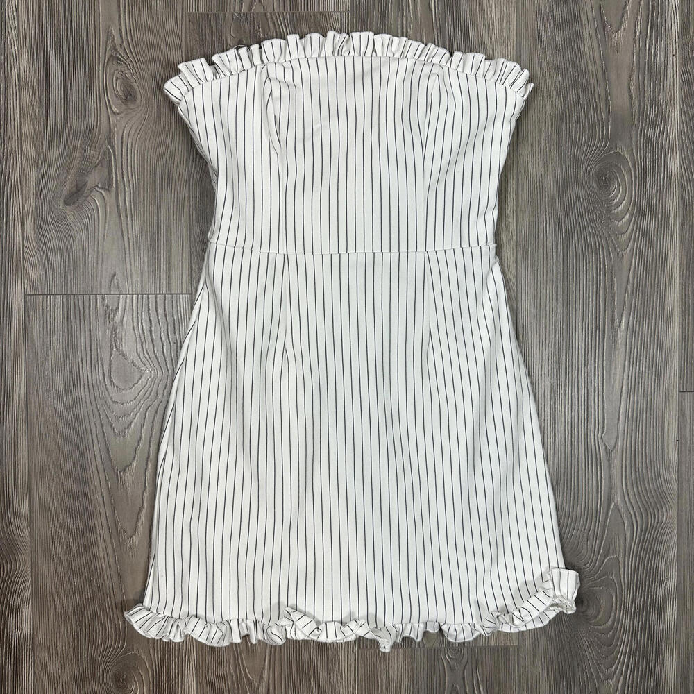 Lulus Strapless White and Black Pinstripe Mini Dress w/ Ruffled Neckline and Hem
